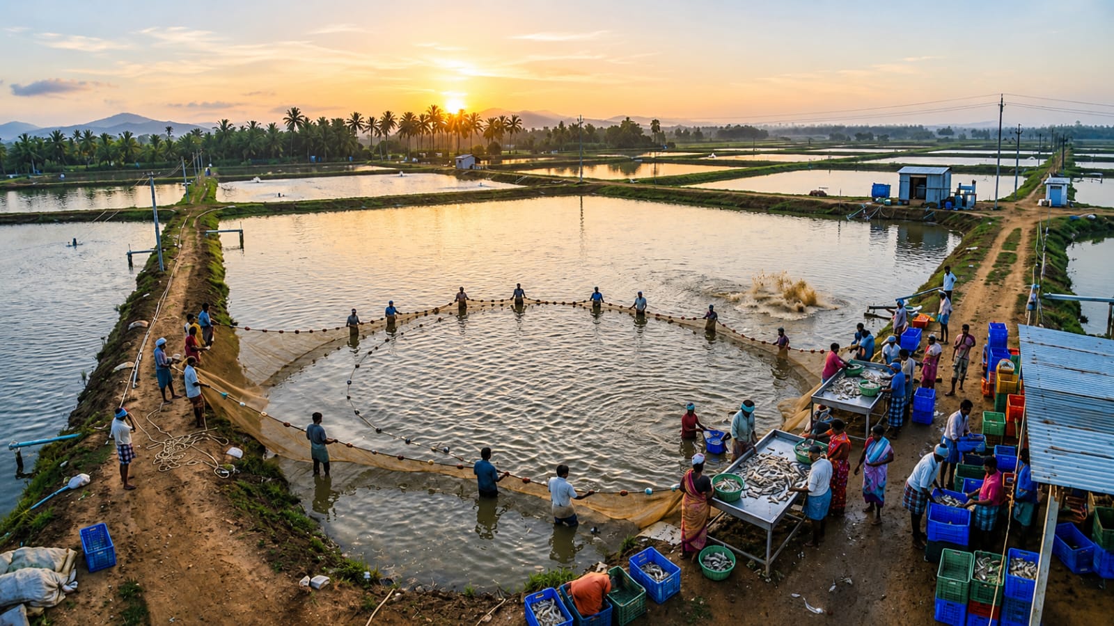 Aqua Bridge farmers receiving instant payment beside a shrimp pond